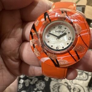 Working VTG Narmi Quartz Orange Cuff Ladies Dainty Watch Band MOP 40mm Fit 6.5